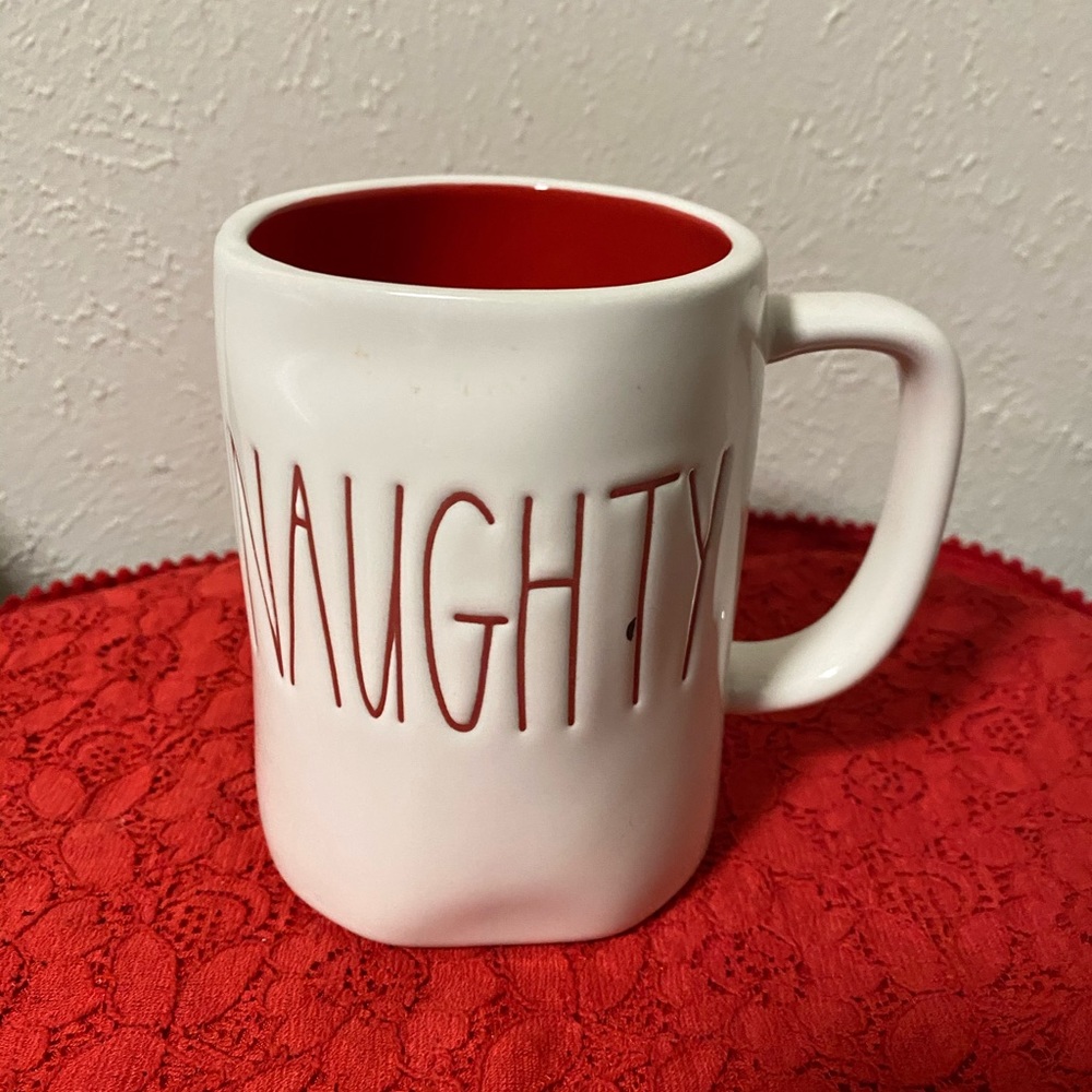 Rae Dunn Christmas mug with “Naughty/Nice” text
